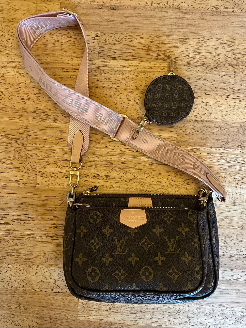 Lookalike LV Monogram Multi-Pochette with Pink Strap and Coin Pouch